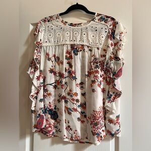 Indigo Cream Floral Ruffle Eyelet Blouse